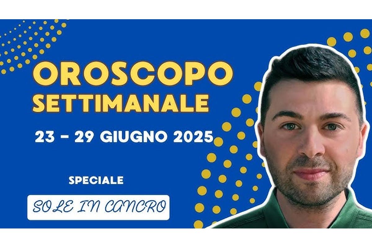 Immagine di segni zodiacali colorati su sfondo stellato per l'oroscopo settimanale 23-29 giugno 2025.